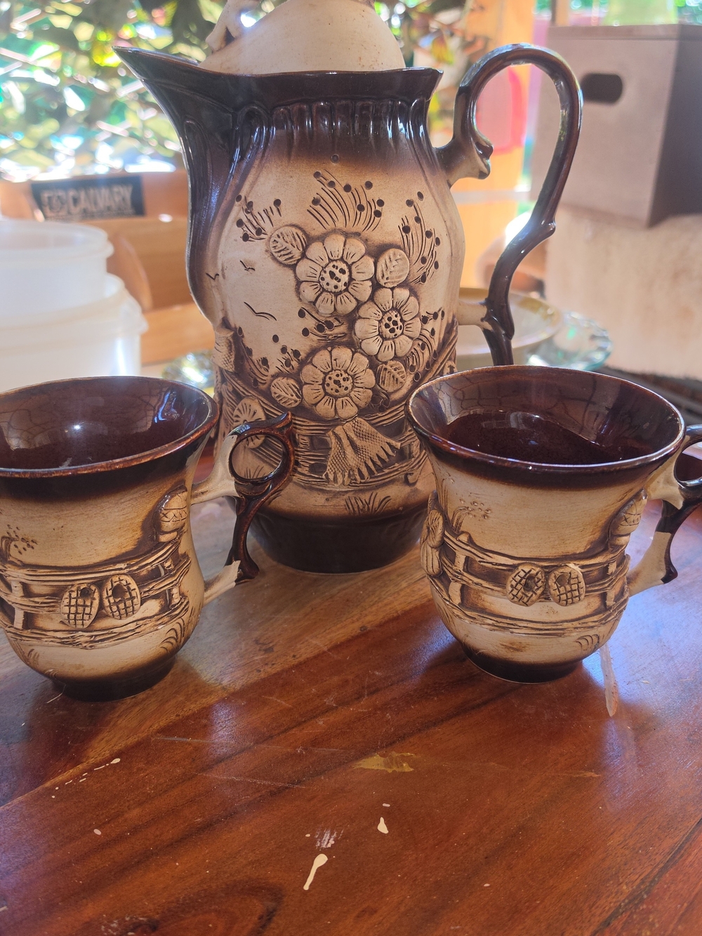 Handcrafted Earthenware/slipware Pitcher&mug Set Eye Catching Farmhouse Display
